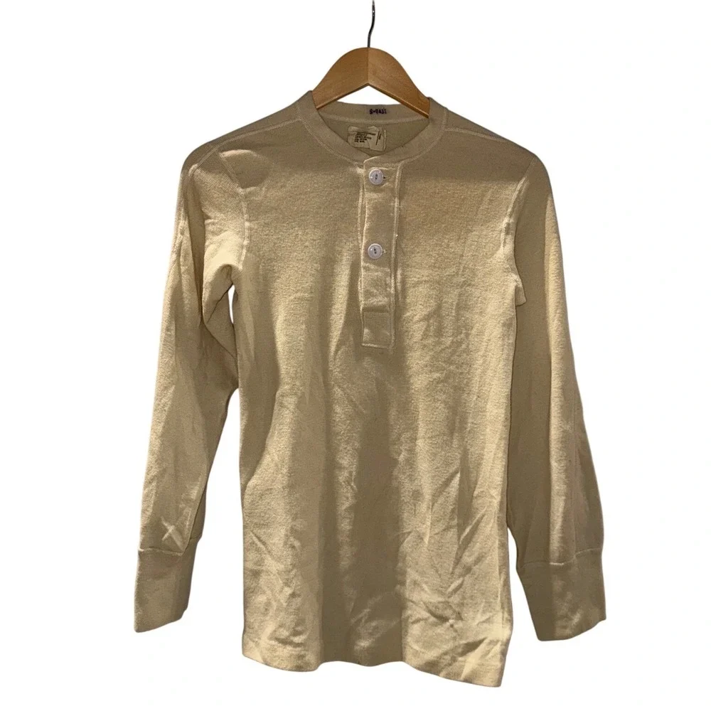 Vintage US Military Henley Undershirt Cream Cotton Wool Blend Small